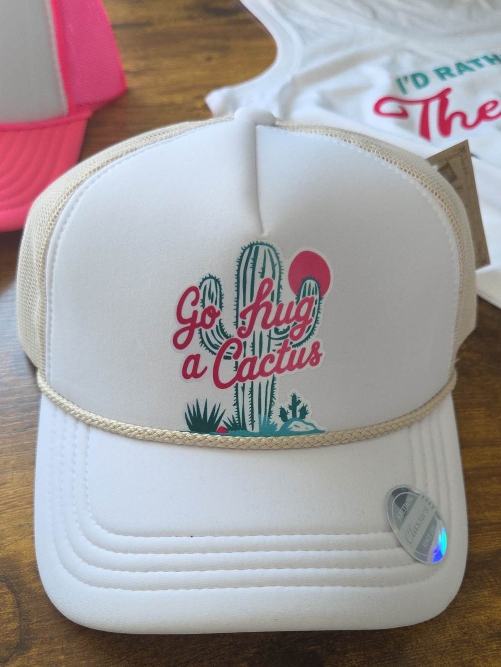 White Trucker Hat - 'Go Hug a Cactus'